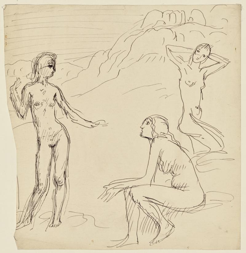 Three Female Nudes in a Mountainous Landscape