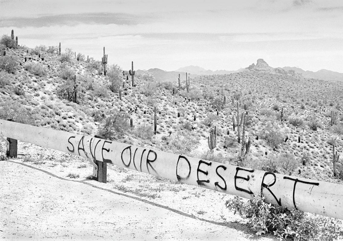 USA. ARIZONA. One of the surprises of travel through Arizona is the strong concern for the protection of the desert.  Signs are produced in many places that are in direct view from the road.  In this case East of Phoenix on the Route 87.  Super station Wilderness. 1980.