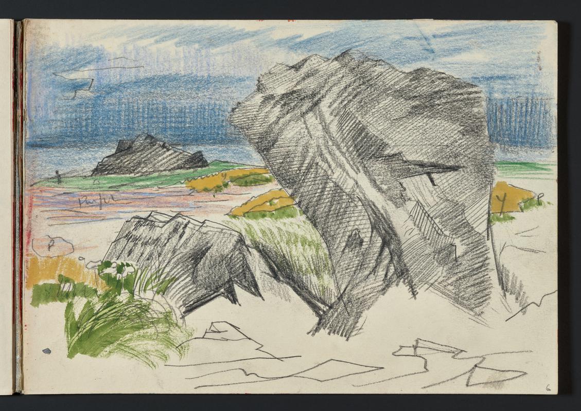 Sketchbook: abstracts & unidentified coastal & rocky landscape & farm building; Skomer from mainland