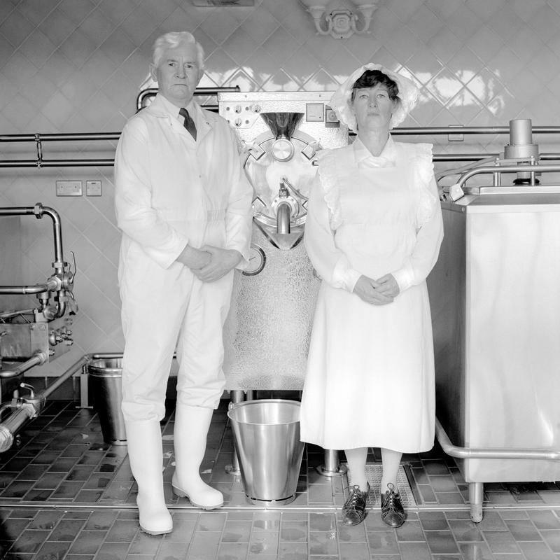 Lewis and Sue Richards. Photo shot: Ice cream factory, Machen 23rd October 2002. LEWIS RICHARDS - Place and date of birth: Rudry 1939. Main occupation: Ice cream Maker. First language: English. Other languages: None. Lived in Wales: Always. SUE RICHARDS - PLace and date of birth: Cardiff 1946. Main occupation: Ice cream maker. First language: English. Other languages: Welsh. Lived in Wales: Always