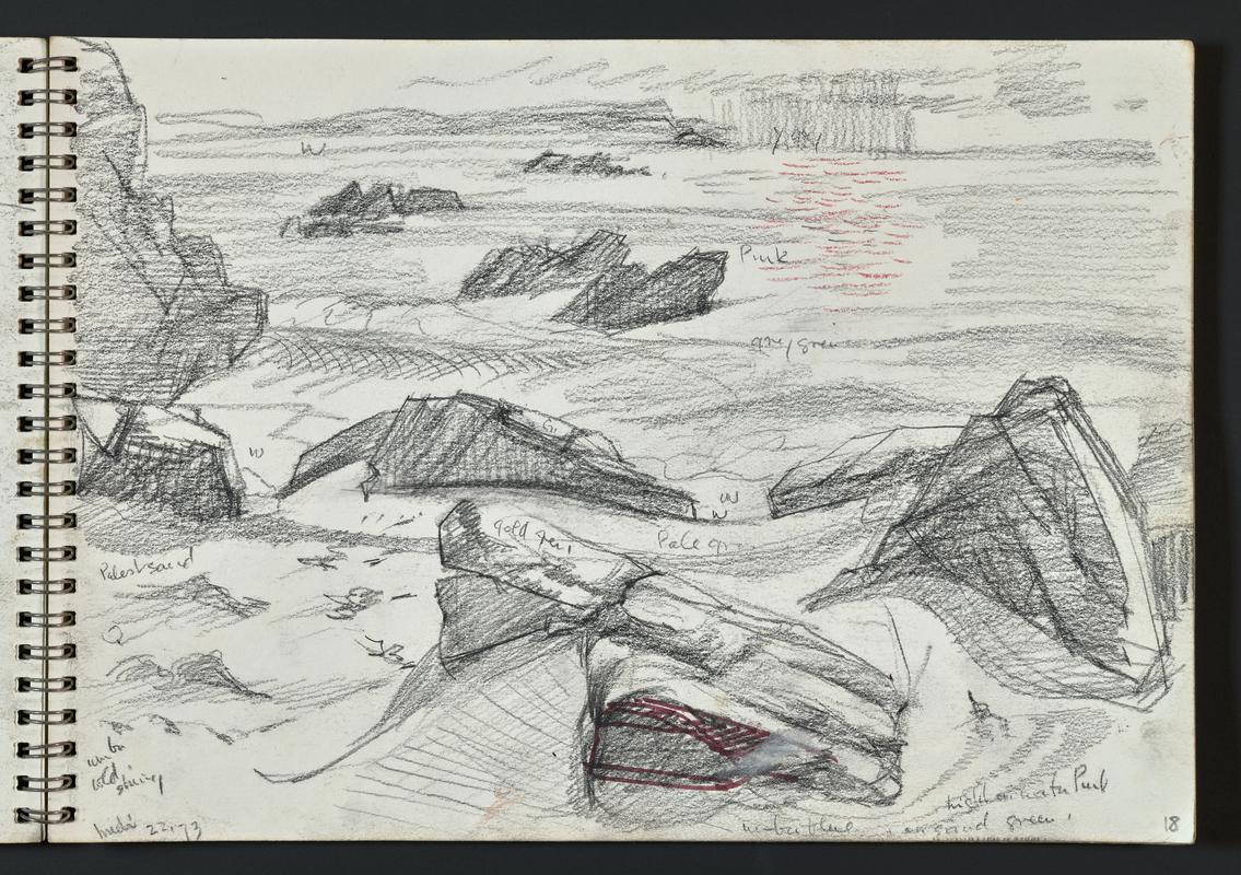 Sketchbook: ship Dona Marika on rocks, Grassholm, Kestrel Bay, Traeth Mawr, Tarus the seal