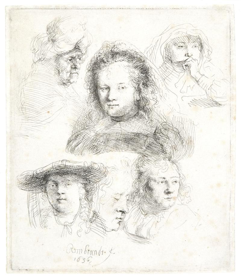Studies of the head of Saskia and others