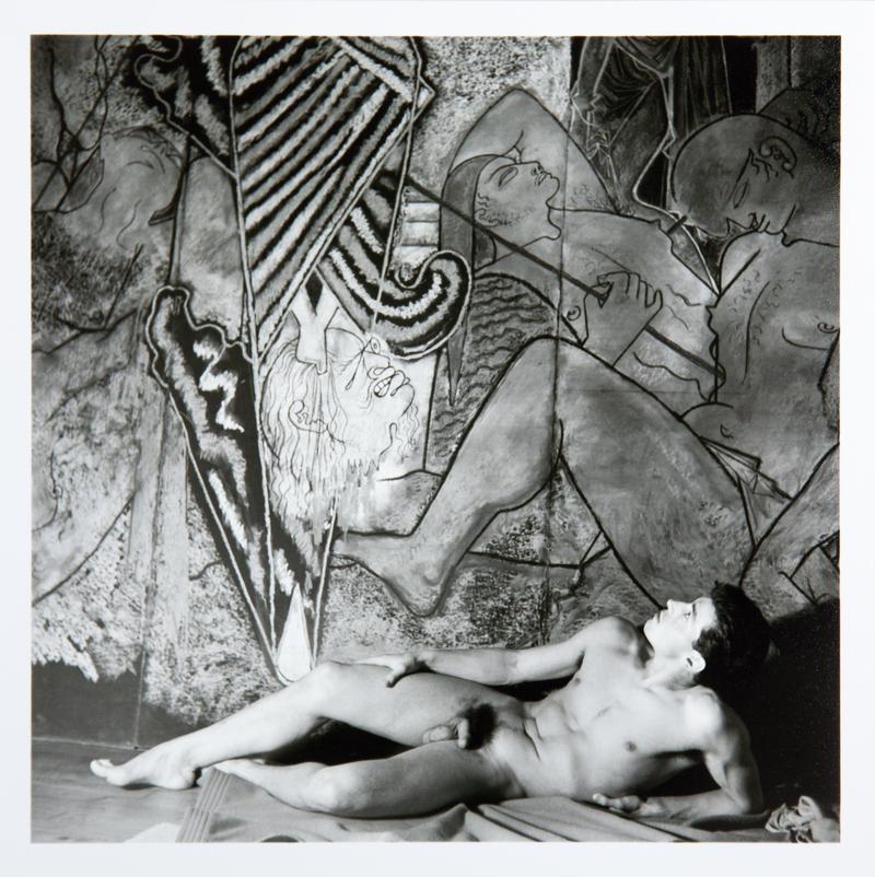 Edouard DERMIT in front of COCTEAU&#039;s pastel drawing &quot;Judith et Holopherne&quot;. France. Milly-la-Forêt. 1948.