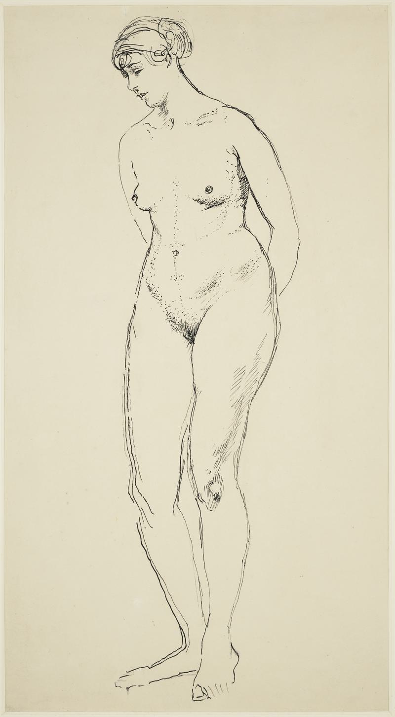 Standing female nude, with hands behind her back