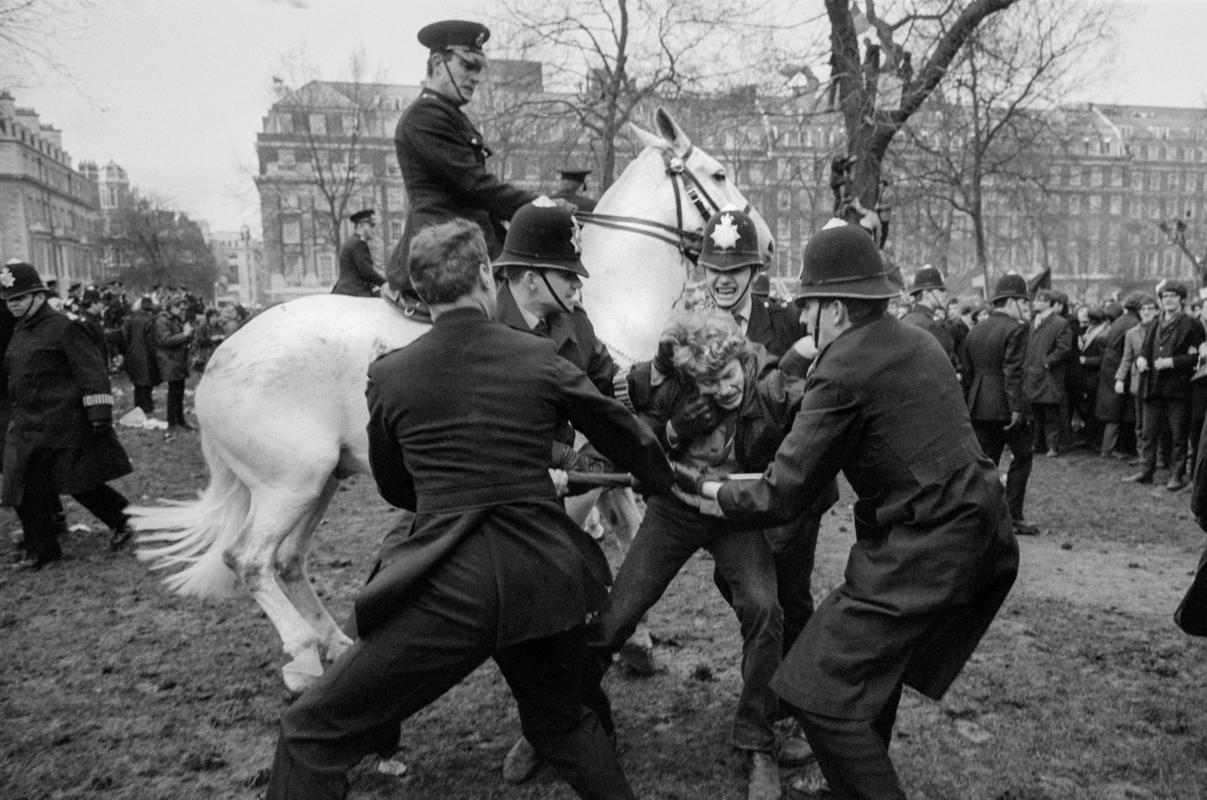 GB. ENGLAND. London. Trouble flared in Grosvenor Square, London, after an estimated 6,000 marchers faced up to police outside the United States Embassy. On March 17, an anti-war demonstration in Grosvenor Square, London, ended with 86 people injured and 200 demonstrators arrested. The protesters had broken away from another, bigger, march against US involvement in Vietnam but were confronted by a wall of police. 1968.