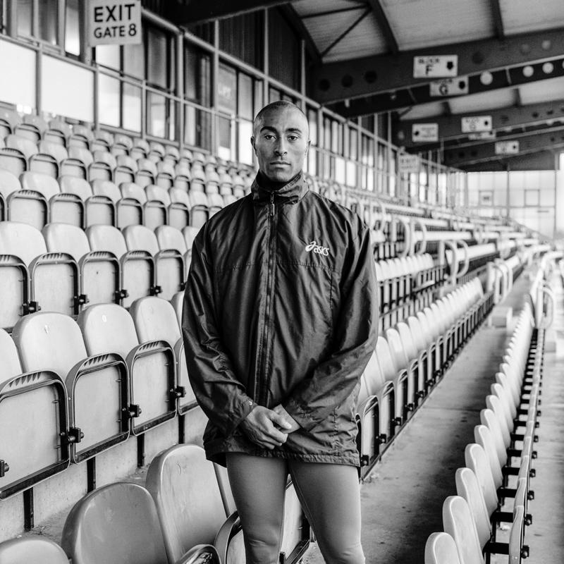 Colin Jackson CBE. Photo shot: Leckwith Athletics Track, Cardiff 2nd November 2002. Place and date of birth: Cardiff 1967. Main occupation: Professional Athlete. First language: English. Second Language: Rubbish. Lived in Wales: Always.