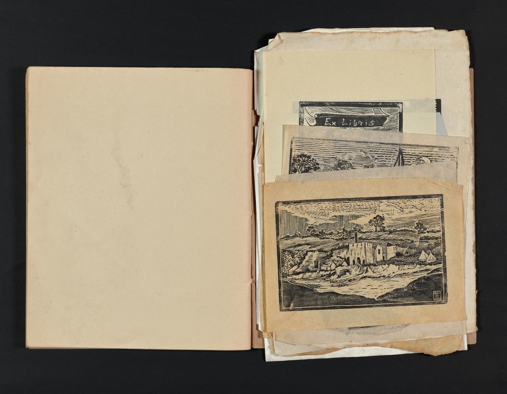 Exercise book includes engravings - ?grandfather, hill landscape, Aberthaw, sleeping dancer, boathouse, sailing boat, nativity scene, dancing-class leaflet, Tindal bookplate
