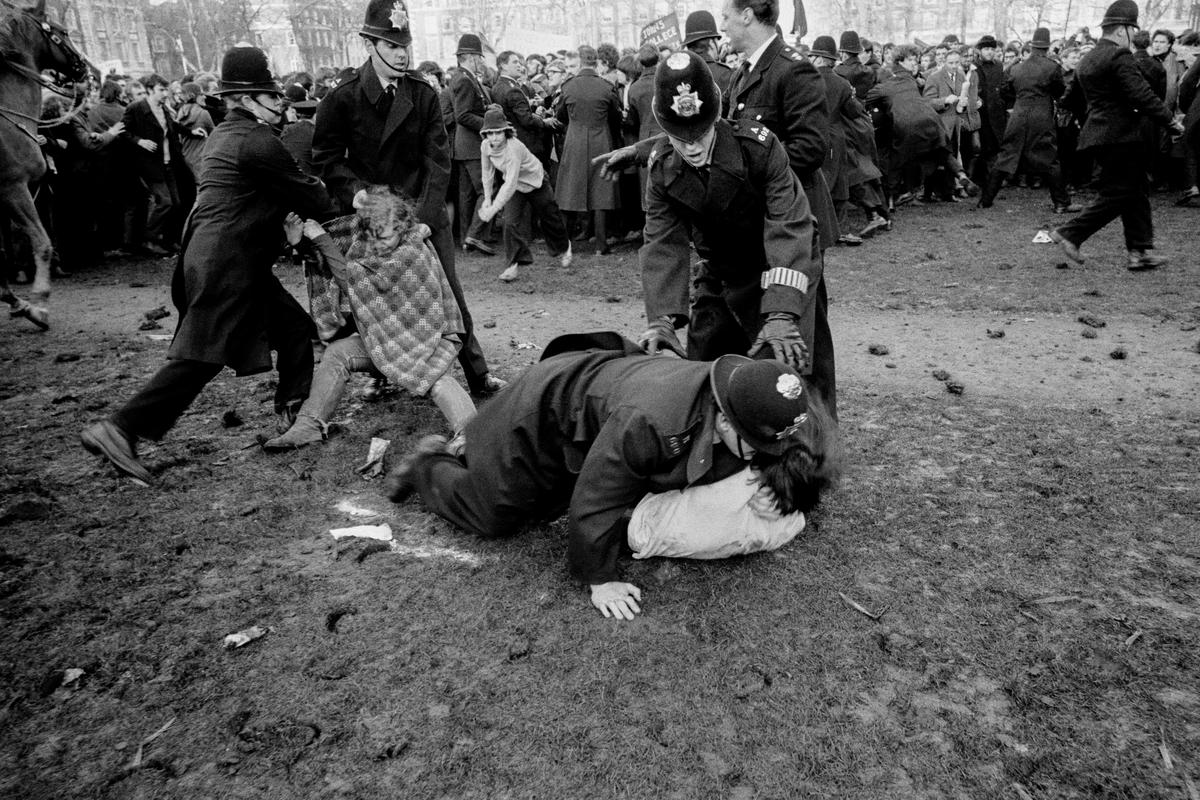 GB. ENGLAND. London. Britains biggest anti-Vietnam war demonstration ended in London with an estimated 300 arrests; 86 people were treated for injuries, and 50, including 25 policemen, one with a serious spine injury, were taken to hospital. The Guardian suggested demonstrators seemed determined to stay until they had provoked a violent response of some sort, and this intention became paramount once they entered Grosvenor Square. 1968