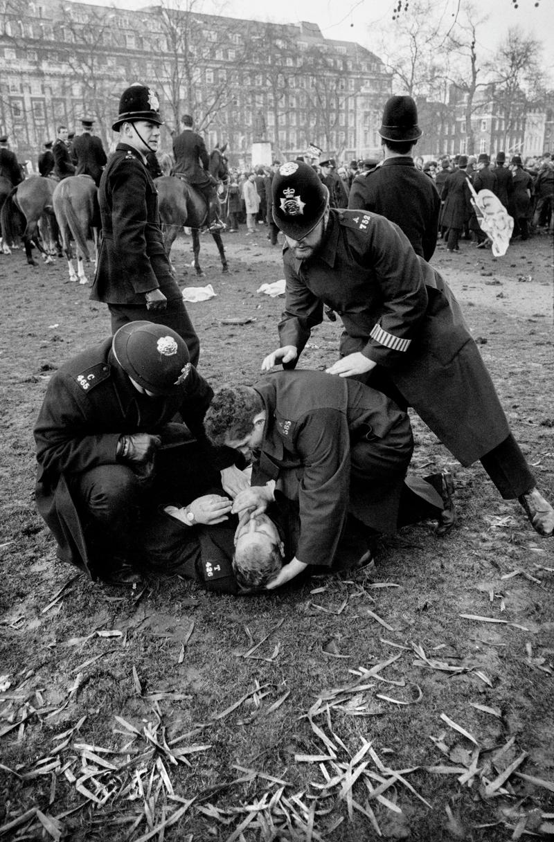 GB. ENGLAND. London. Britains biggest anti-Vietnam war demonstration ended in London with an estimated 300 arrests; 86 people were treated for injuries, and 50, including 25 policemen, one with a serious spine injury, were taken to hospital. The Guardian suggested demonstrators seemed determined to stay until they had provoked a violent response of some sort, and this intention became paramount once they entered Grosvenor Square. 1968.