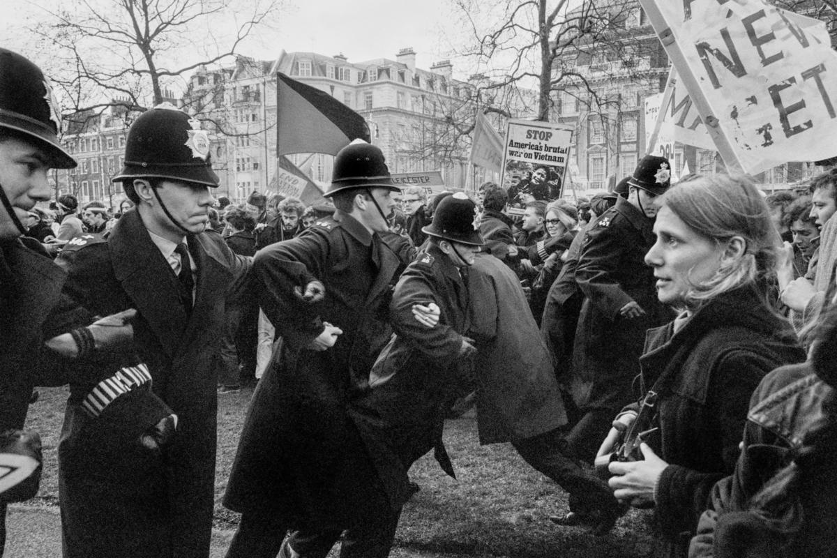 GB. ENGLAND. London. Trouble flared in Grosvenor Square, London, after an estimated 6,000 marchers faced up to police outside the United States Embassy. On March 17, an anti-war demonstration in Grosvenor Square, London, ended with 86 people injured and 200 demonstrators arrested. The protesters had broken away from another, bigger, march against US involvement in Vietnam but were confronted by a wall of police. 1968.