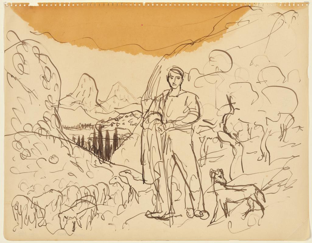 Shepherd with Flock and Dog