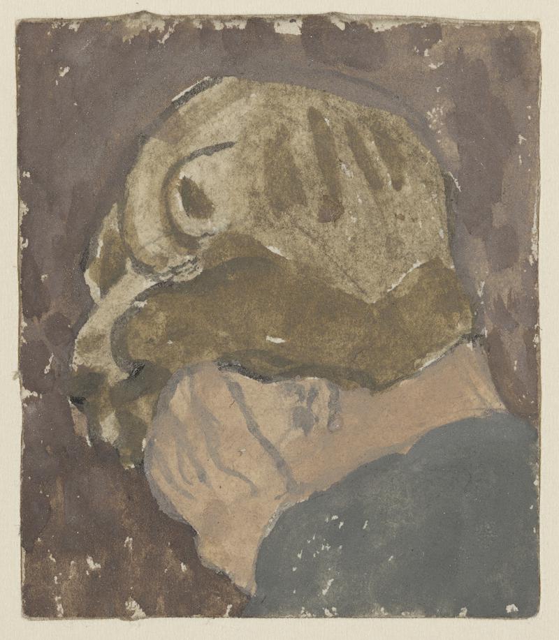 Figure with head in hands