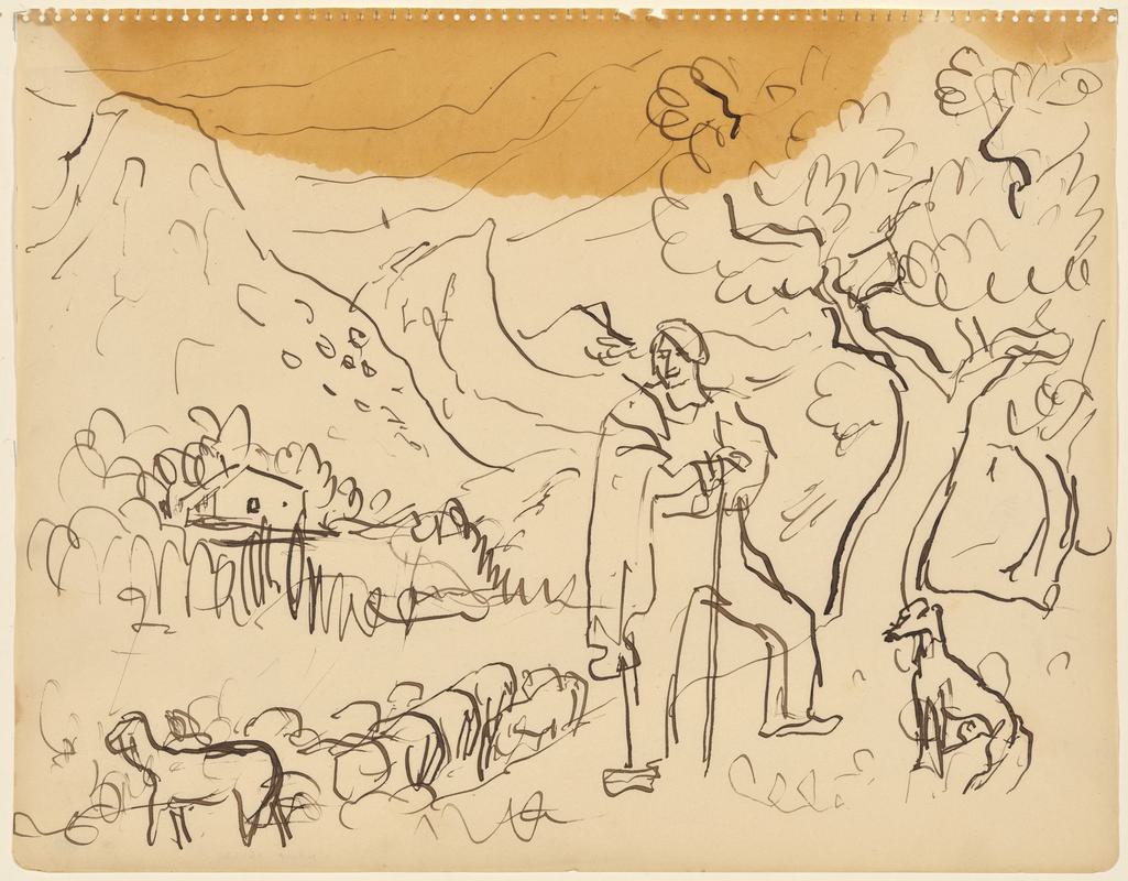 Shepherd with Flock and Dog