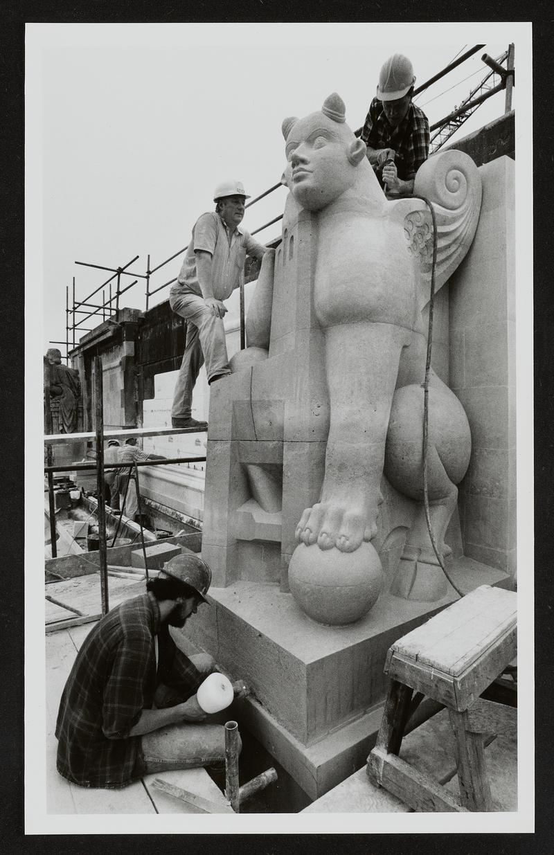 Installing "Regarding Guardians of Art" by Dhruva Mistry on the East Wing of the National Museum Wales Cathays Park building