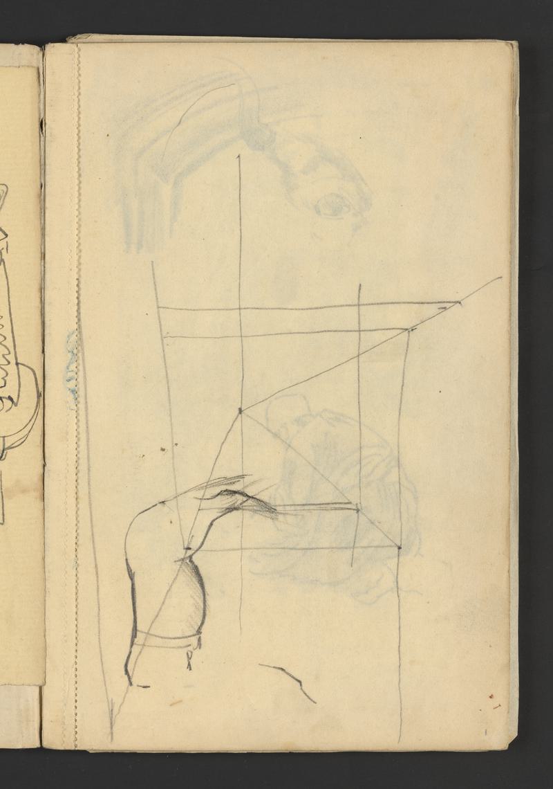 Sketchbook: woman dancer sitting; Sherborne; woman's portrait in profile; dancers; ducks, geese, chickens & goats; animal foetus; sketches of men mostly absorbed in tasks