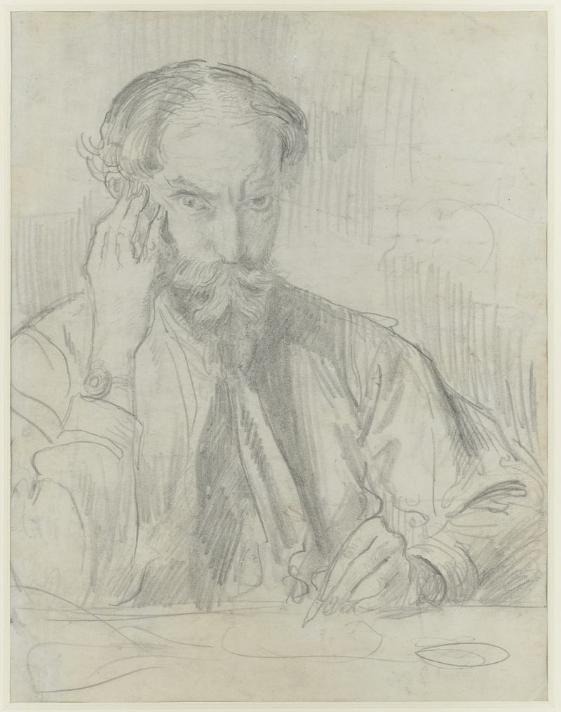 Self portrait drawing at a table