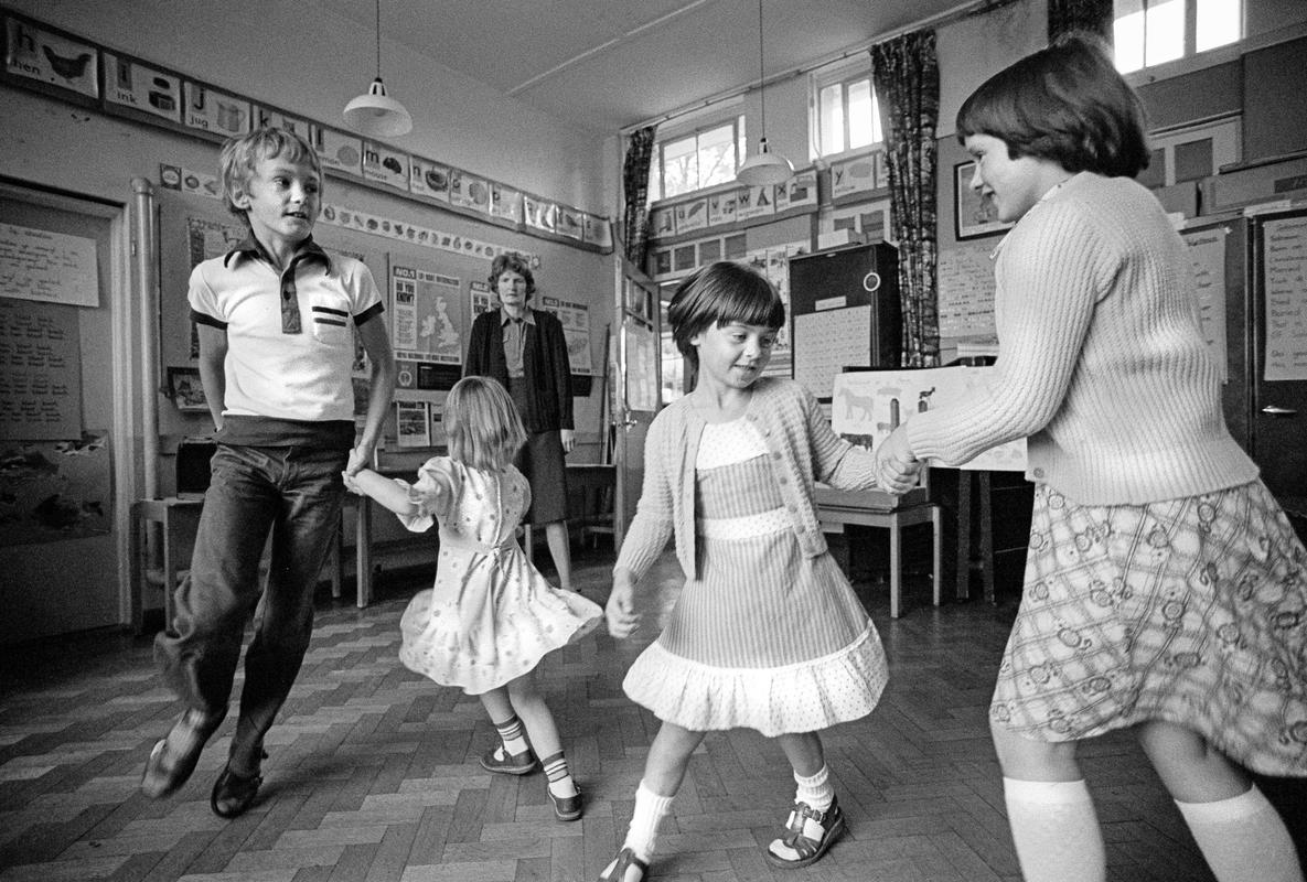 GB. WALES. Llaneglwys. The smallest school in the UK. Four students. Dance class for the whole school. 1977.