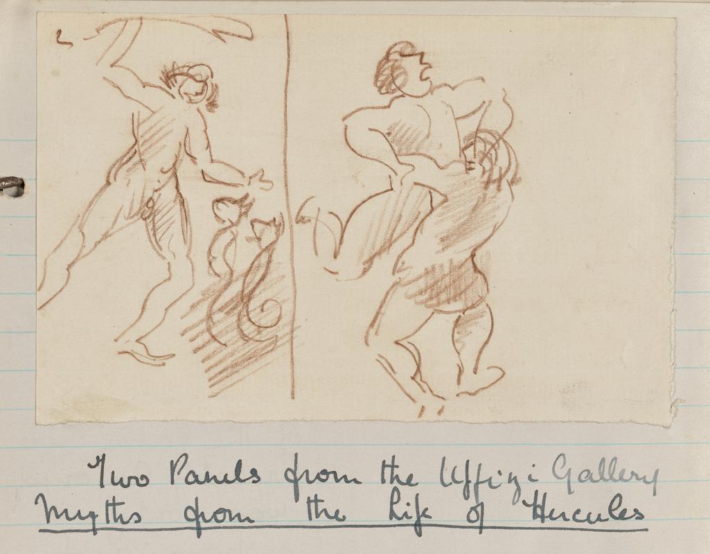 Sketchbook: art history notes from Slade with cartoonish drawings