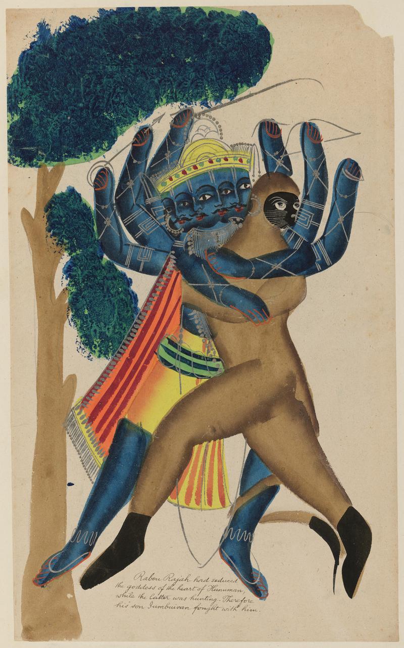 Ravan the demon king of Ceylon fighting the son of Hanuman