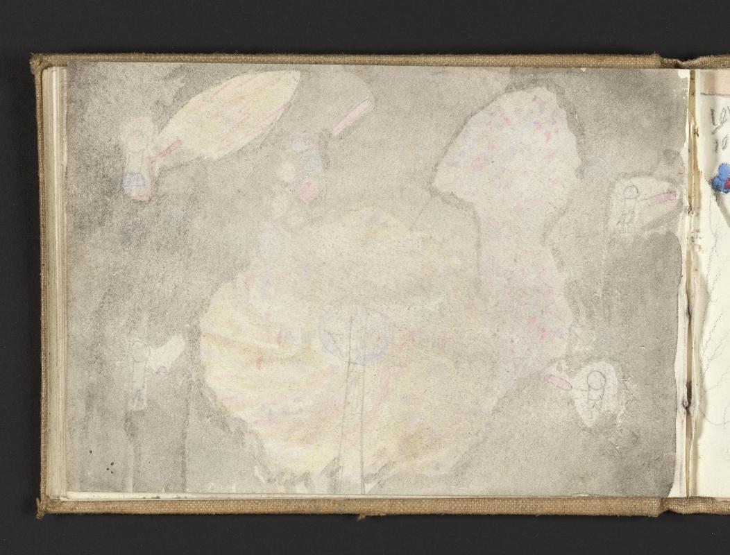 Sketchbook: The Story of Rosy Cheeks and The Match Family, written & illustrated by RHJ; cartoonish drawings of animated ?tomatoes; later-dating sketches of a cat