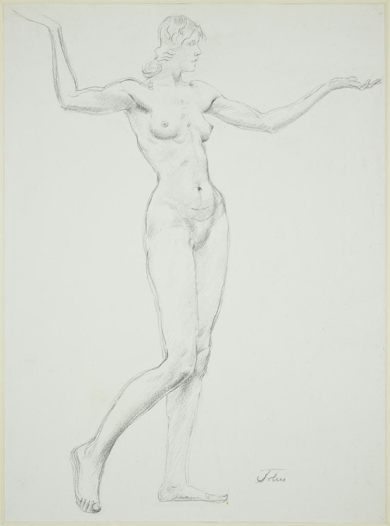 Female nude standing, with both arms outstretched