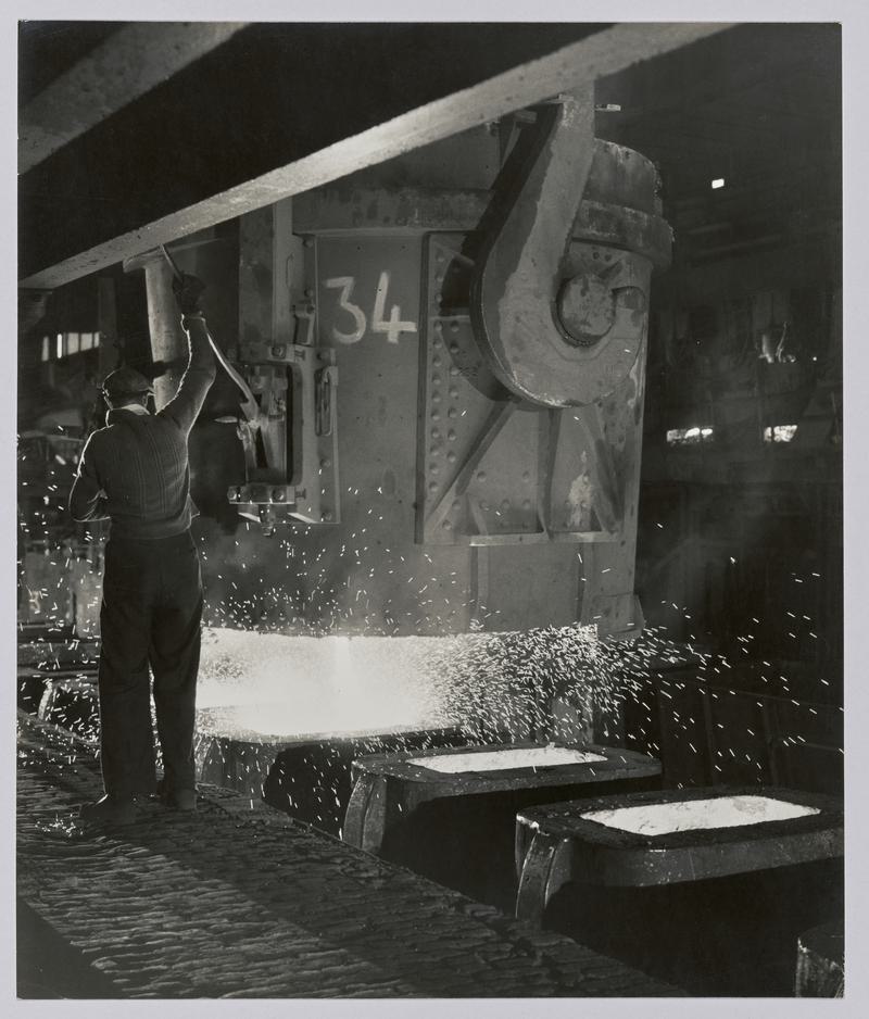 Molten steel teeming into ingot moulds, Port Talbot, Abbery Works, South Wales - Photograph of steelworks and South Wales