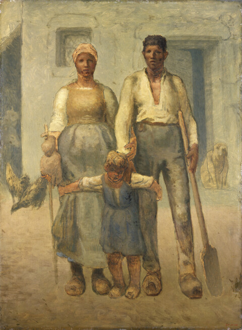 Painting of man, woman and child outside a small cottage