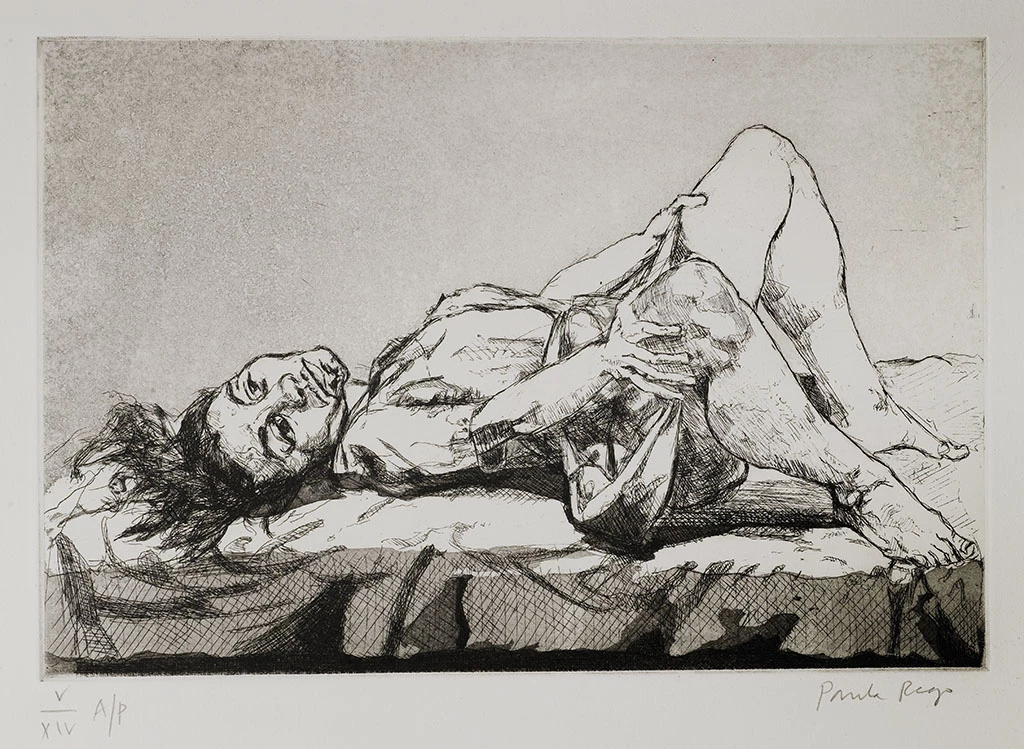 Paula Rego (1935 – 2022)  Untitled 1, 1999  Etching on Somerset paper  Paper: 38.0 x 48.0 cm  Image: 19.6 x 29.7 cm  Edition of 17  © Ostrich Arts Ltd  Courtesy Ostrich Arts Ltd and Cristea Roberts Gallery