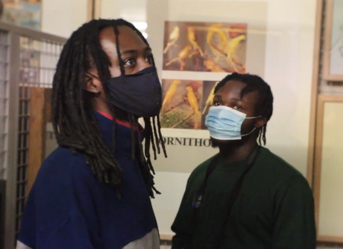 Two people, wearing facemasks, in the stores of a museum with racks and framed artworks around them.