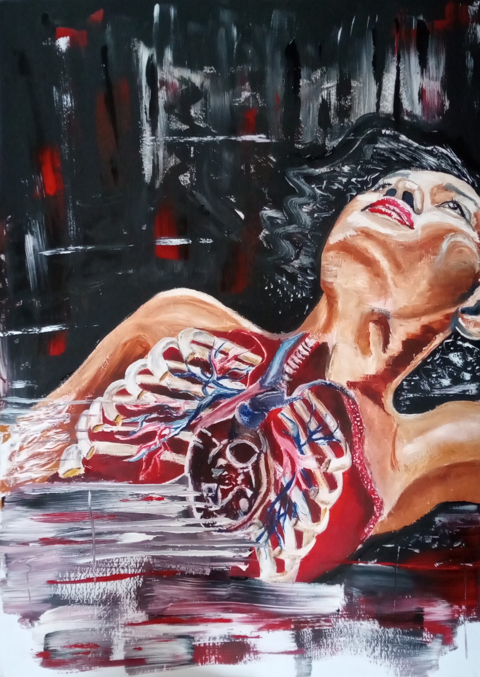 An oil painting showing the upper body of a woman lying down; in the chest area the skin and flesh are missing, revealing the woman's ribcage and heart