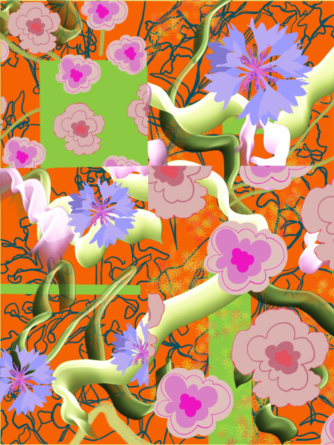 A composition of pink and lilac flowers, green shoots and green geometric shapes against an orange background