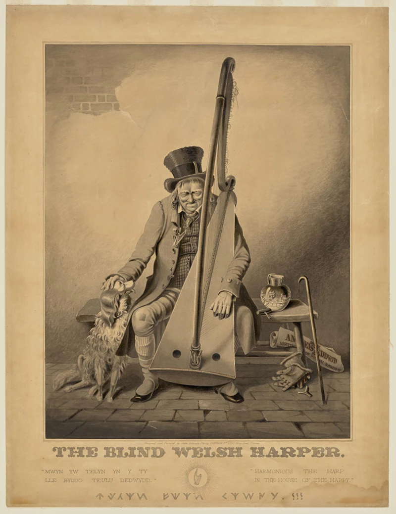 A sepia-toned illustration of a man seated at a harp with a dog by his side, with the title 'The Blind Welsh Harper' appearing below.