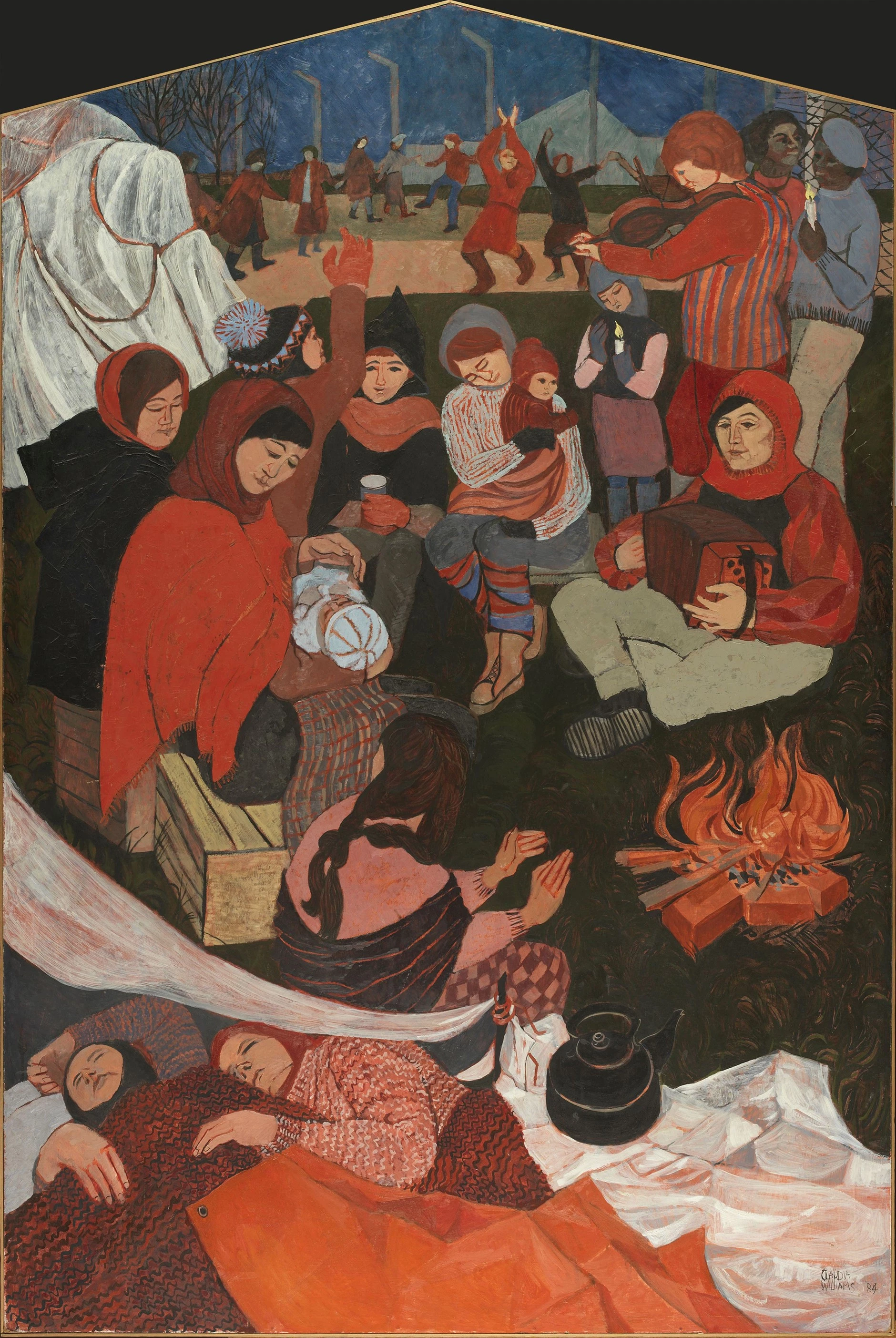 Painting showing women camped out by a fire. They are playing music, holding babies, dancing and sleeping.