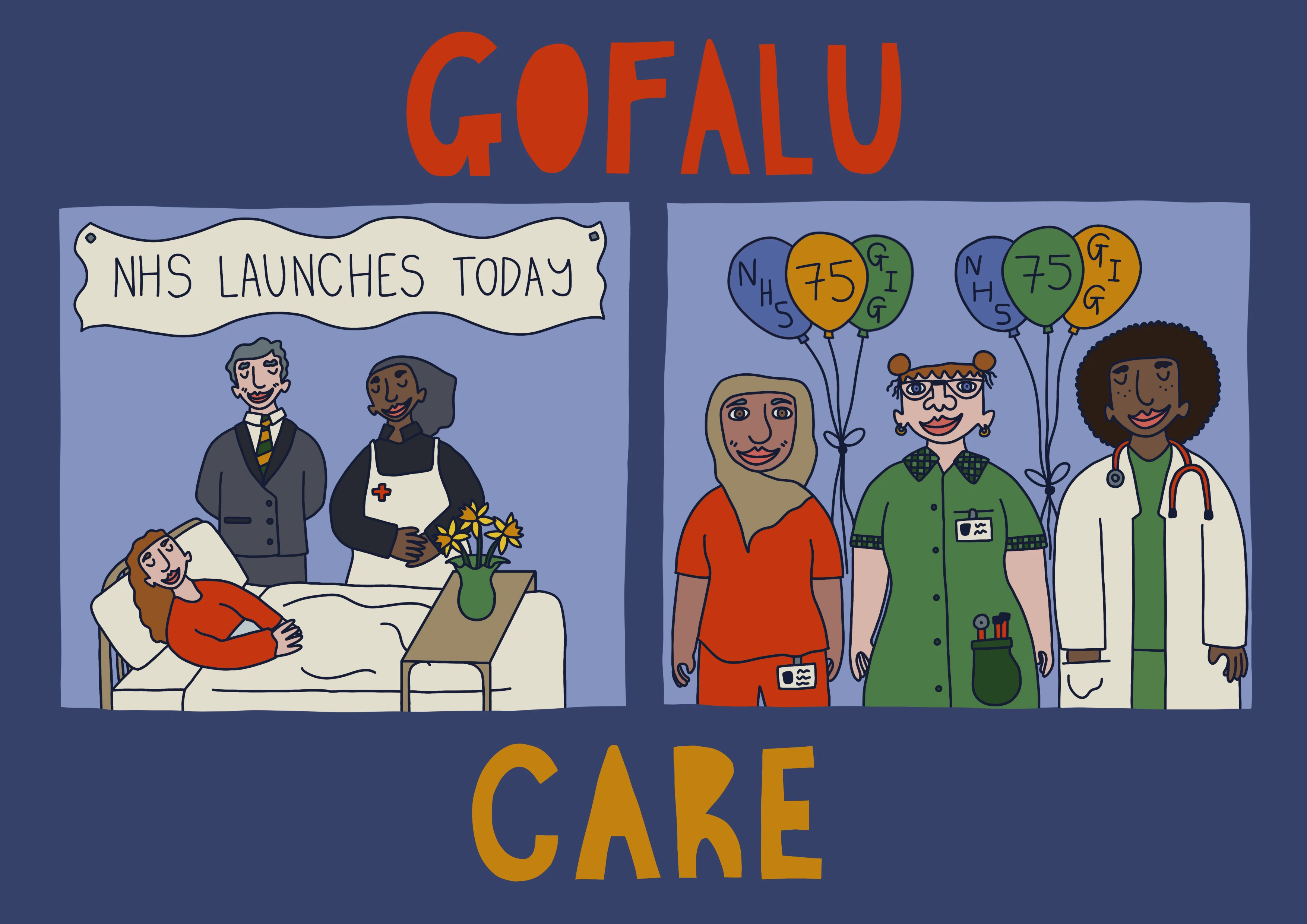 Two digital drawings showing care in the NHS. On the left is a patient in a bed with a doctor and nurse, and daffodils in a vase with a banner above saying 'NHS Launches Today'. On the right are three NHS workers celebrating the 75th birthday of the NHS
