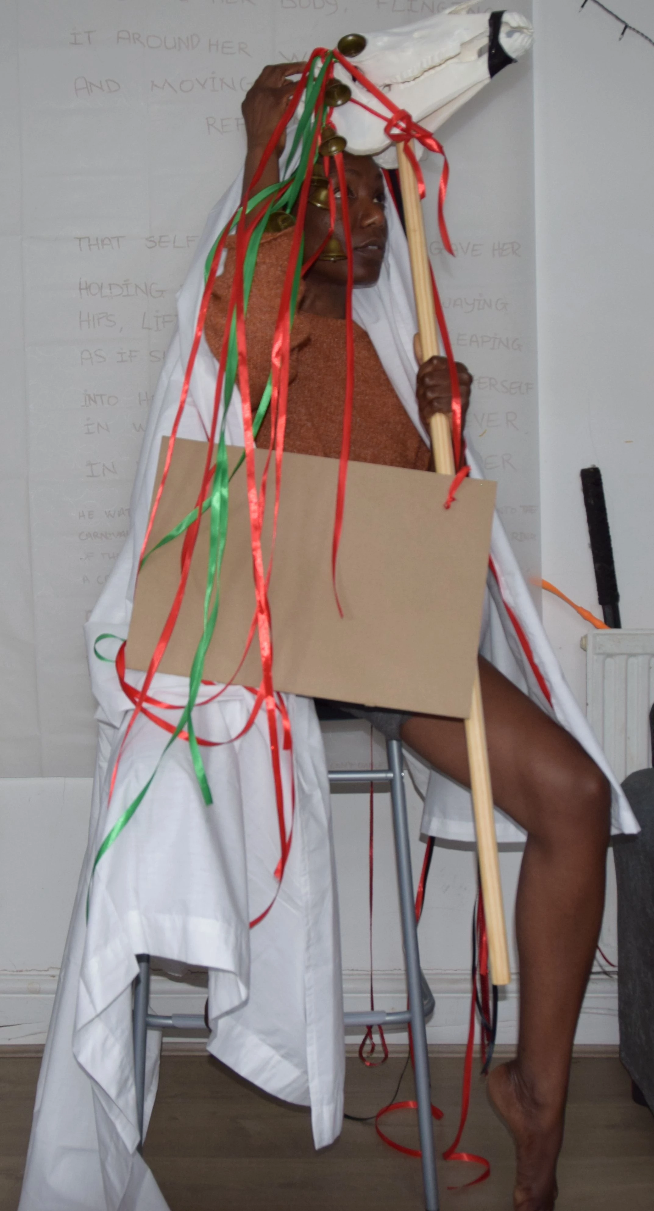 A model sits on a stool underneath a horse's skull draped in fabric. She holds a blank cardboard sign.