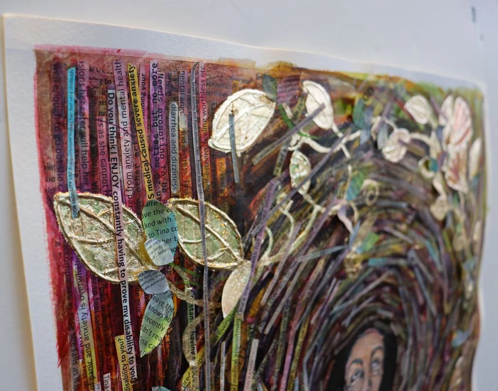 Detail photograph of a colourful mixed media collage showing branches with gold leaves.