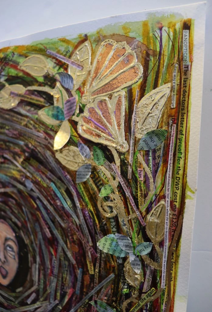 Detail photograph of a colourful mixed media collage showing branches with gold leaves. 