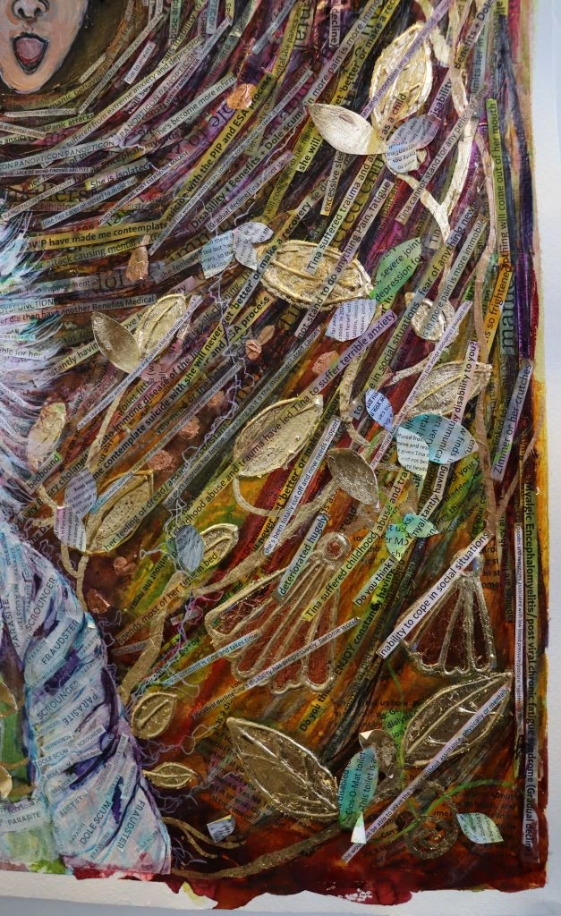Detail photograph of a colourful mixed media collage showing branches with gold leaves.
