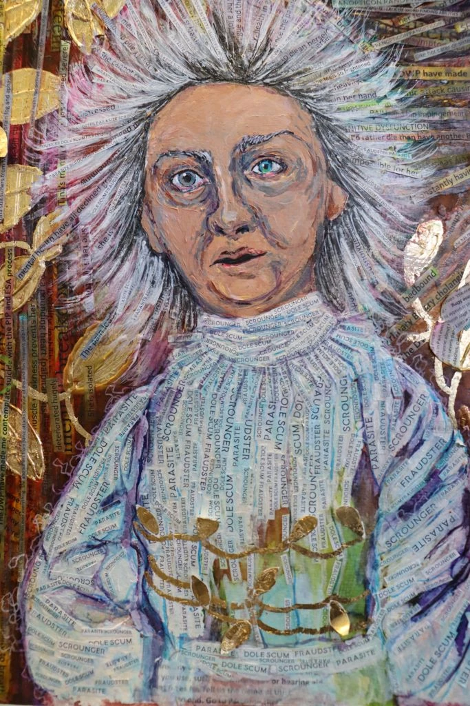 Detail photograph of a colourful mixed media collage showing an individual with white hair and jumper. 