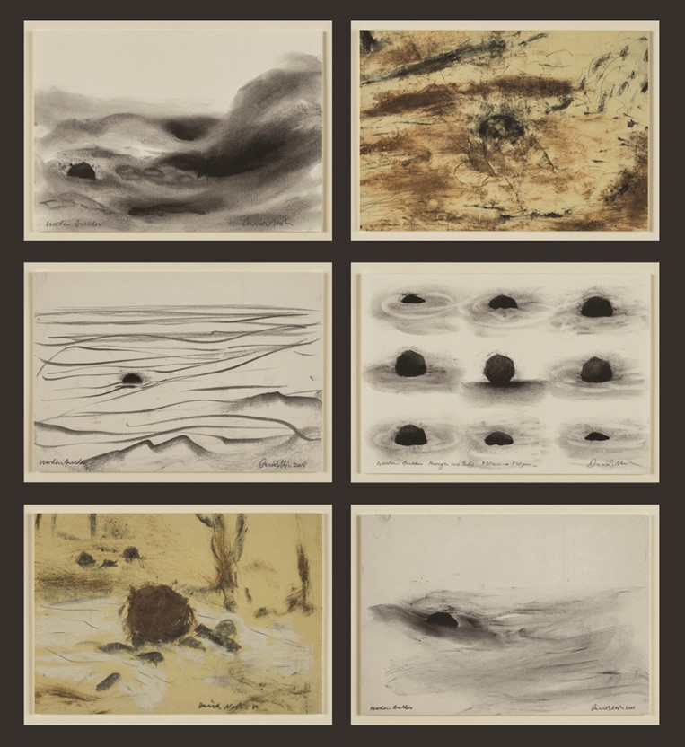 6 drawings of David Nash's Wooden Boulder in various Locations