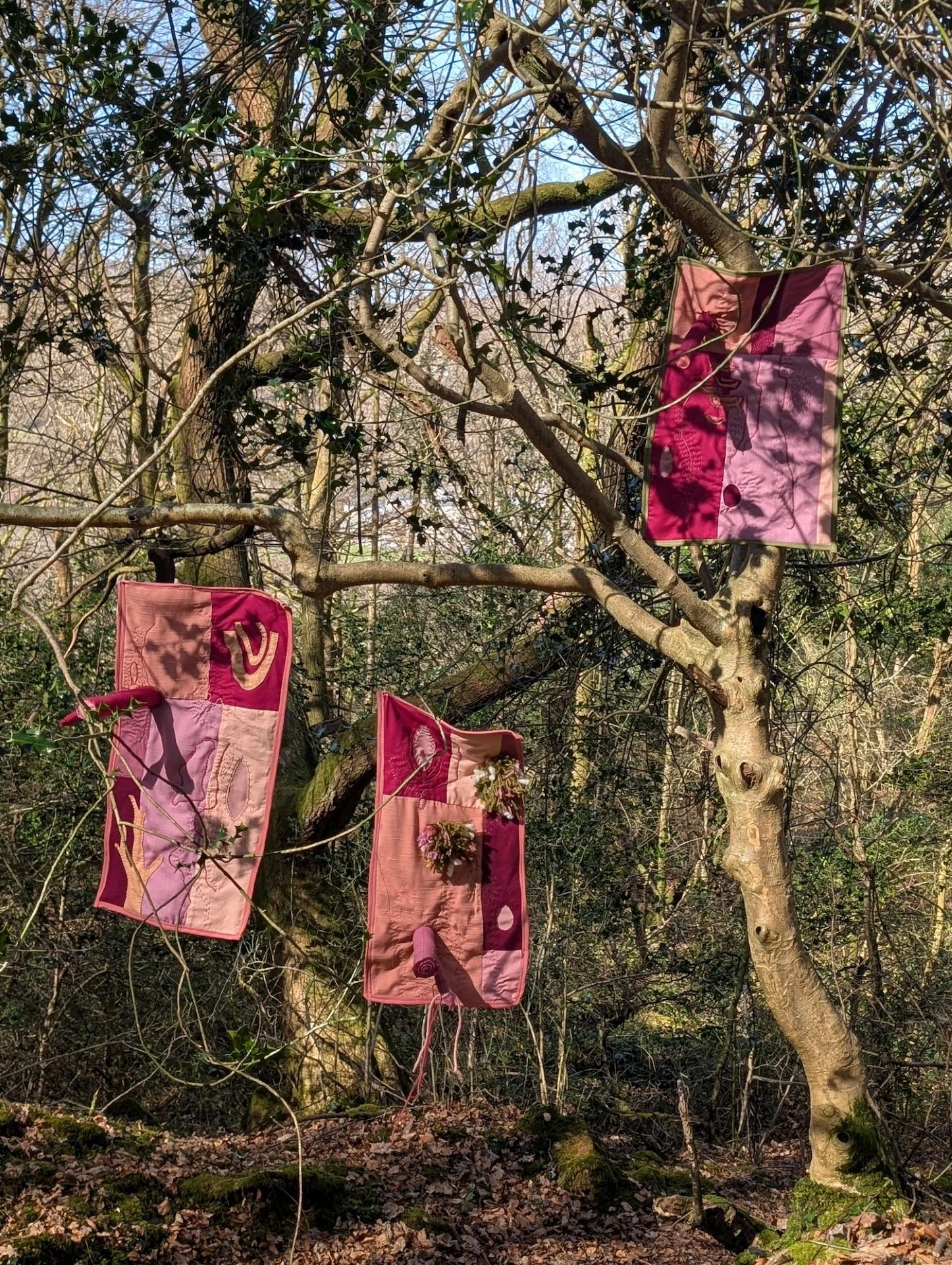 Teimlo finished works hung from the trees