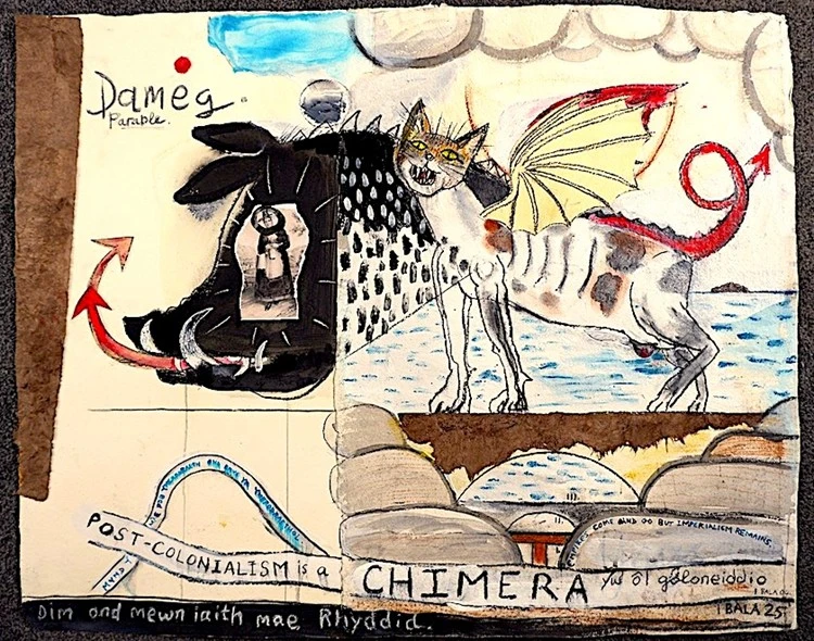 Work on paper that combines Welsh iconography with Chimera imagery