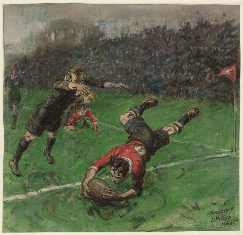 A square chalk pastel artwork of a man in a red rugby shirt diving over the try line to score a try.