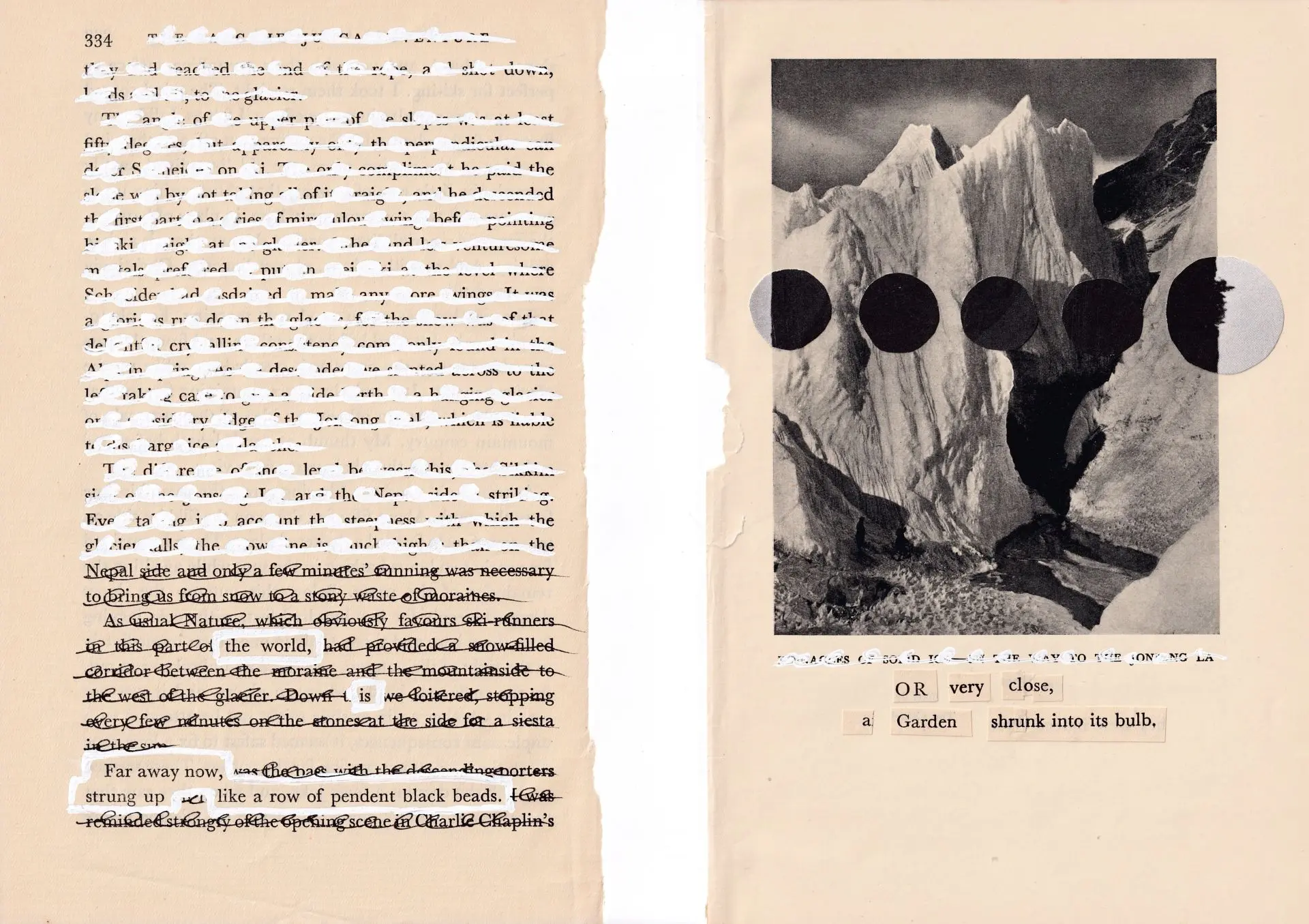 Two pages from a book showing erasure poetry and found poetry.