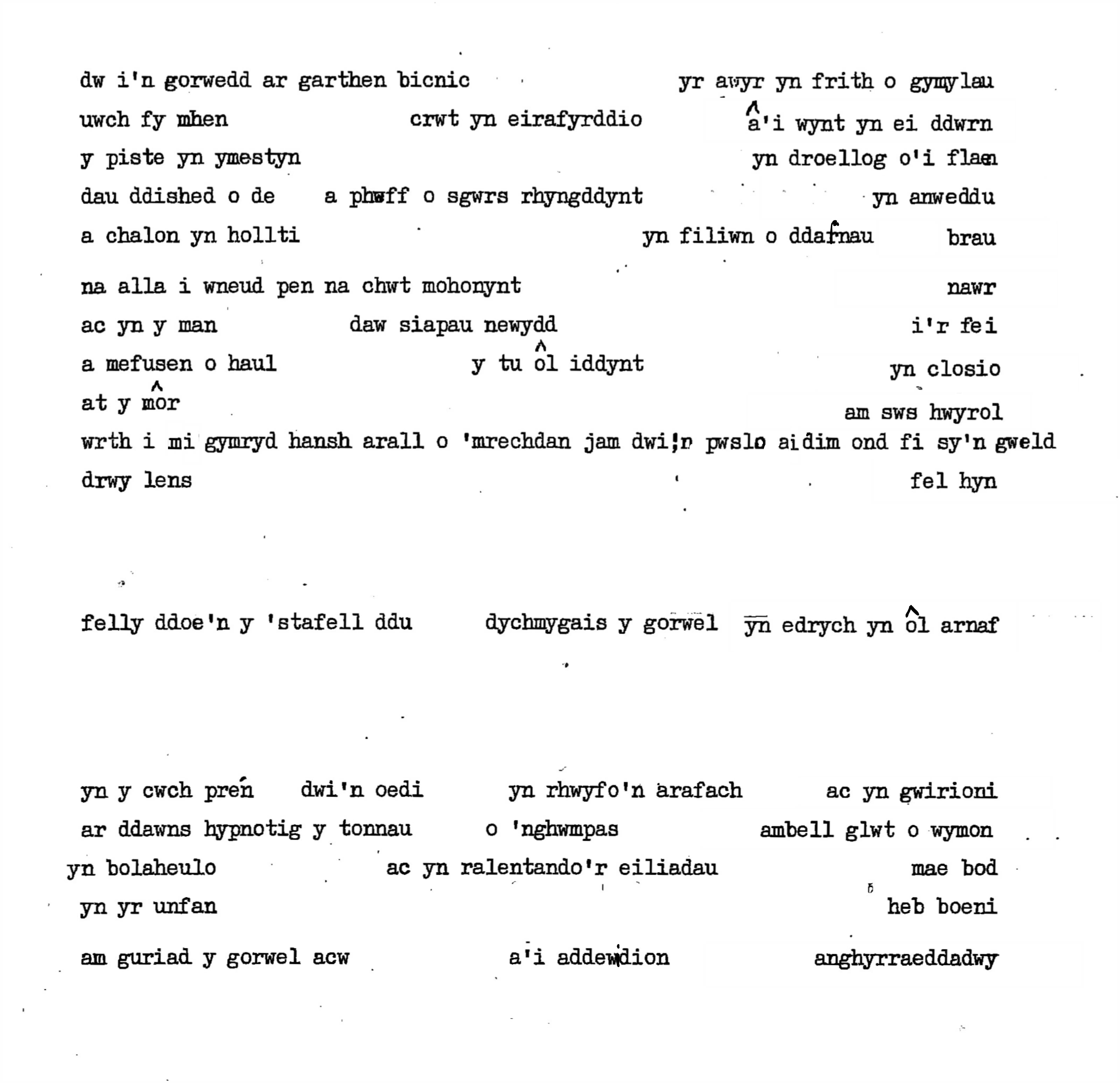 Three poems written on a paper with a typewriter forming the shape of a sky, horizon line and the sea.