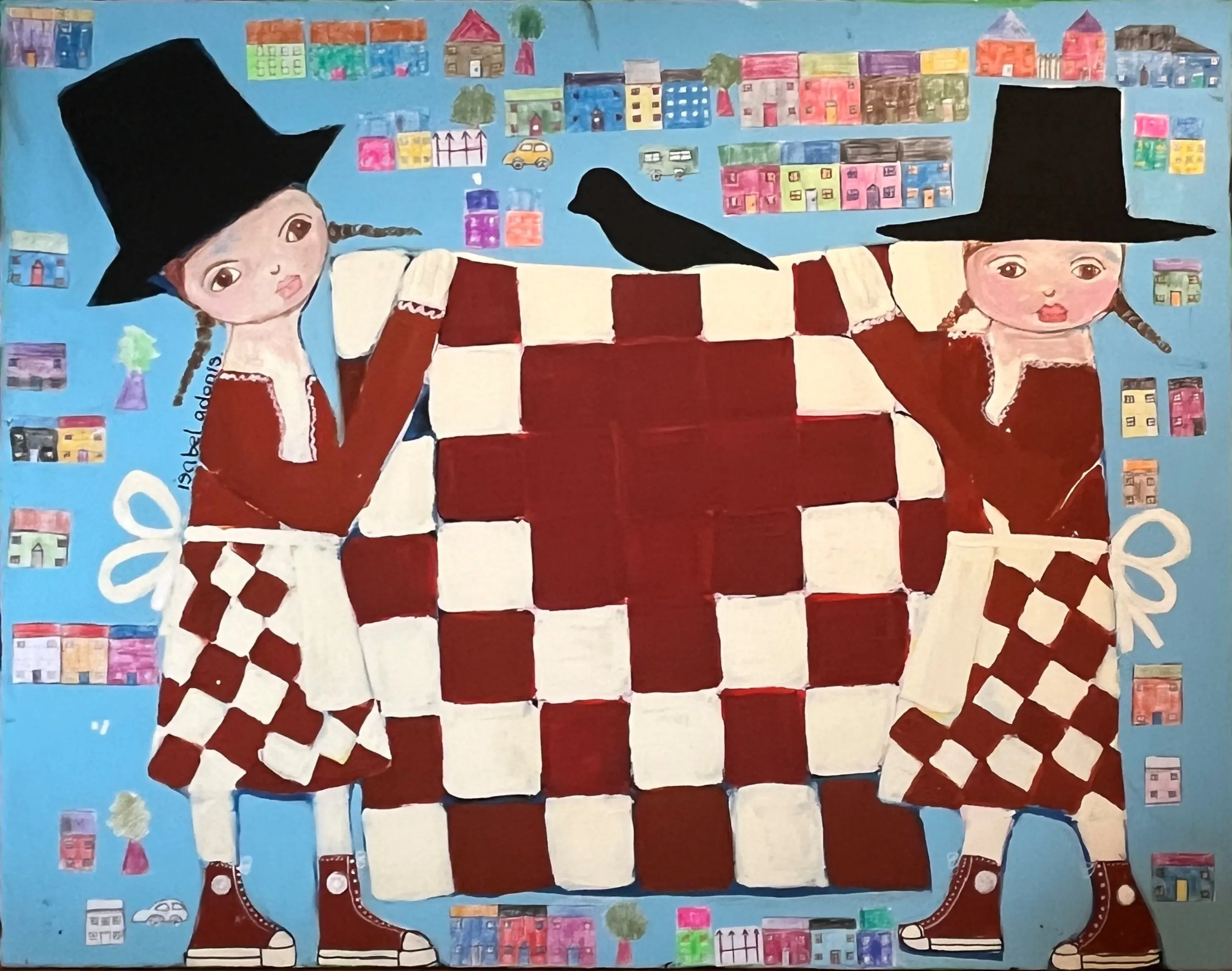 Oil on canvas painting of two girls wearing traditional Welsh hats hold a patchwork quilt in red and white.