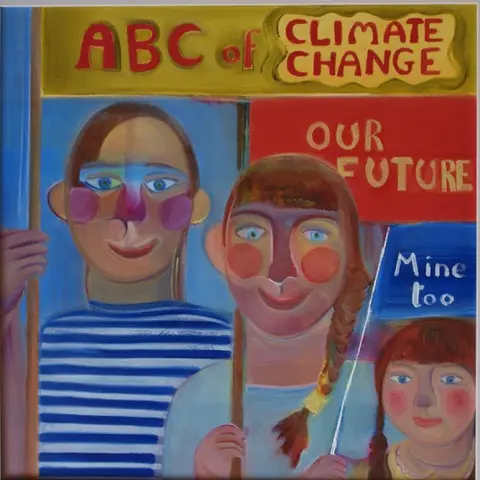 A colourful painting of three people holding banners for climate change protests.