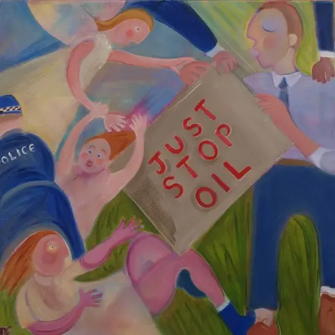 A colourful painting of 'Just Stop Oil' protestors being handled by police.