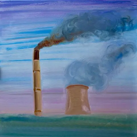 A colourful painting of two furnace towers with dark smoke billowing from them.