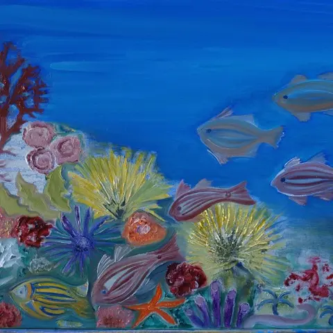 A colourful painting of a coral reef under the sea.